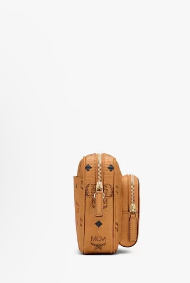 MCM Aren Visetos Small Cognac Crossbody Bag