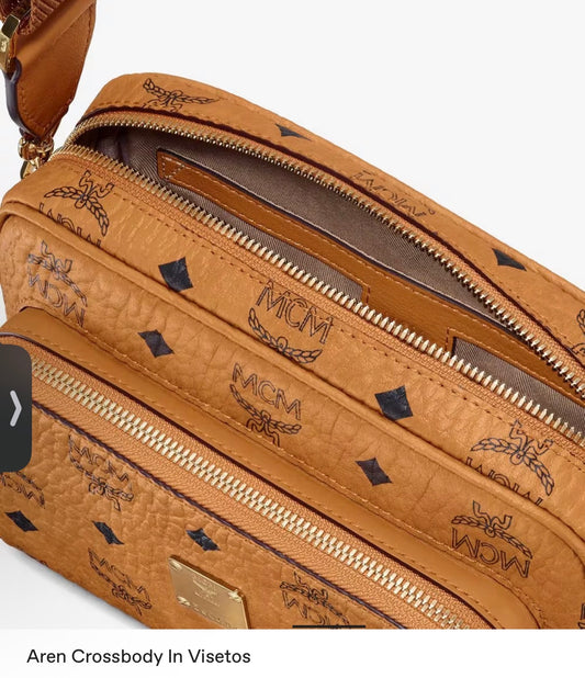 MCM Aren Visetos Small Cognac Crossbody Bag