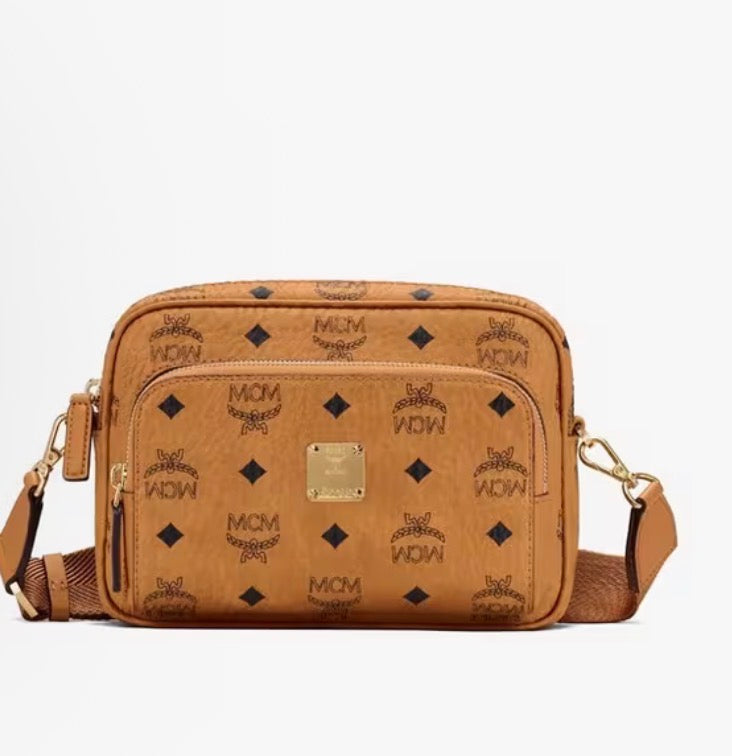 MCM Aren Visetos Small Cognac Crossbody Bag