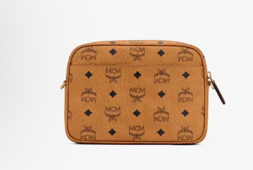 MCM Aren Visetos Small Cognac Crossbody Bag